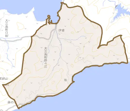 大三島町野々江とその周辺の地図。町の範囲を重ねている