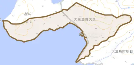 大三島町大見とその周辺の地図。町の範囲を重ねている