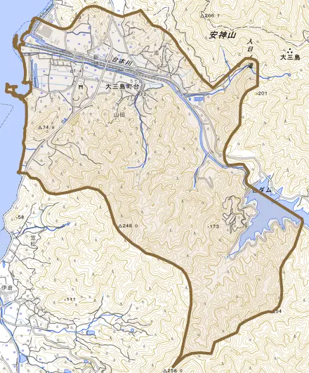 大三島町台とその周辺の地図。町の範囲を重ねている
