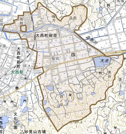 大西町紺原とその周辺の地図。町の範囲を重ねている