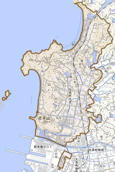 大西町九王とその周辺の地図。町の範囲を重ねている