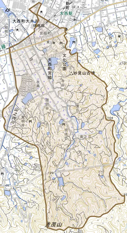 大西町宮脇とその周辺の地図。町の範囲を重ねている