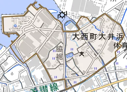 大西町大井浜とその周辺の地図。町の範囲を重ねている