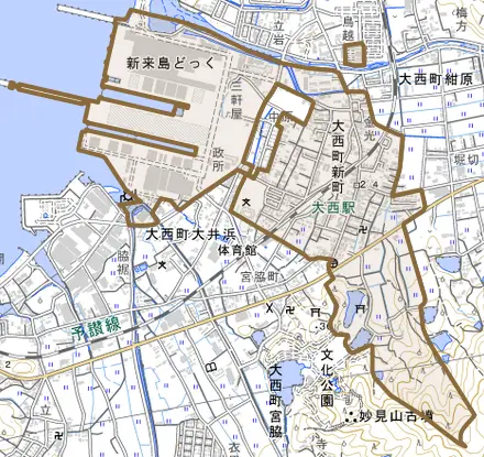 大西町新町とその周辺の地図。町の範囲を重ねている