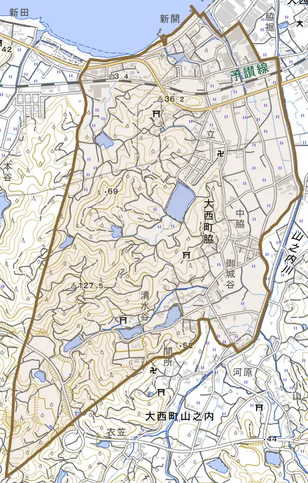 大西町脇とその周辺の地図。町の範囲を重ねている