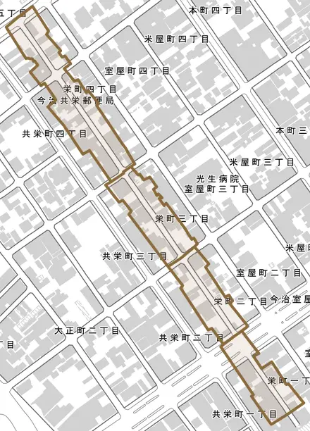 栄町とその周辺の地図。町の範囲を重ねている