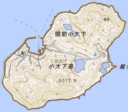 関前小大下とその周辺の地図。町の範囲を重ねている