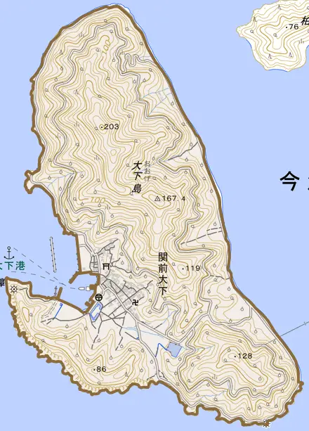 関前大下とその周辺の地図。町の範囲を重ねている