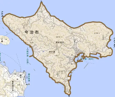 関前岡村とその周辺の地図。町の範囲を重ねている