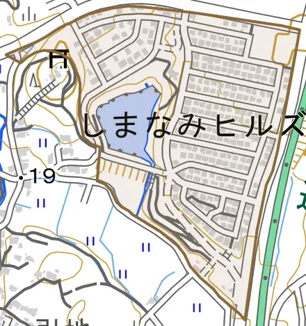 しまなみヒルズとその周辺の地図。町の範囲を重ねている