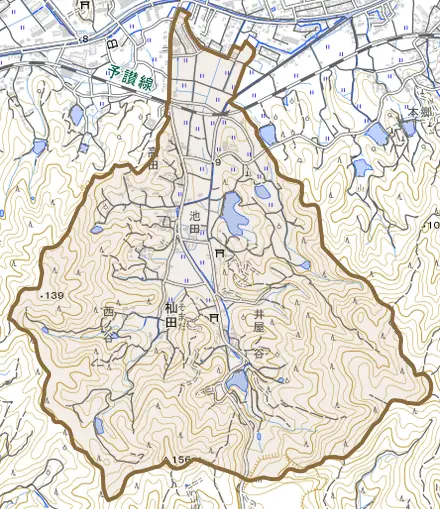 杣田とその周辺の地図。町の範囲を重ねている