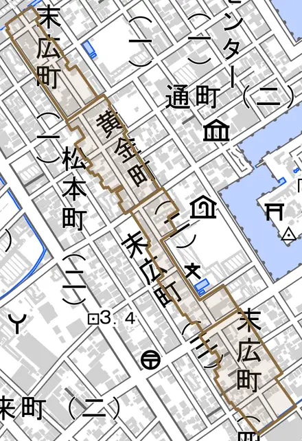 末広町とその周辺の地図。町の範囲を重ねている