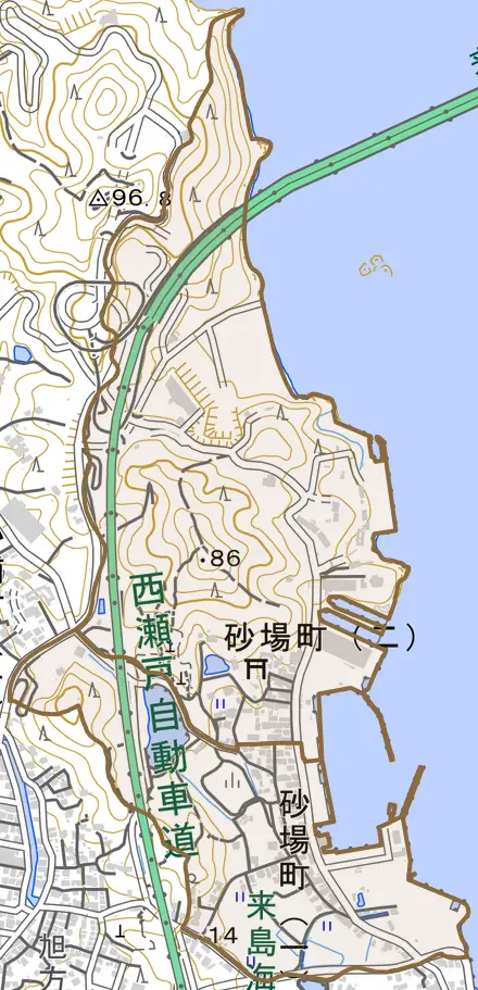 砂場町とその周辺の地図。町の範囲を重ねている