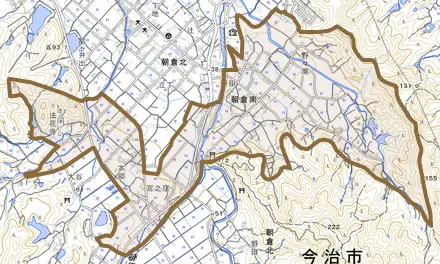 朝倉南とその周辺の地図。町の範囲を重ねている