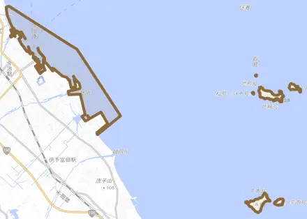 今治村とその周辺の地図。町の範囲を重ねている