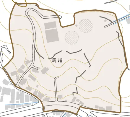 馬越とその周辺の地図。町の範囲を重ねている
