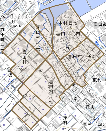 喜田村とその周辺の地図。町の範囲を重ねている