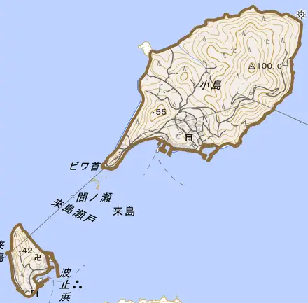 来島とその周辺の地図。町の範囲を重ねている