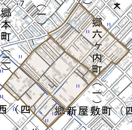 郷六ヶ内町とその周辺の地図。町の範囲を重ねている