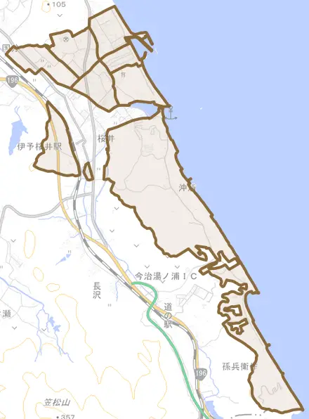 桜井とその周辺の地図。町の範囲を重ねている