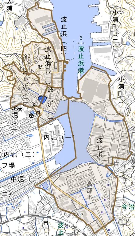 波止浜とその周辺の地図。町の範囲を重ねている