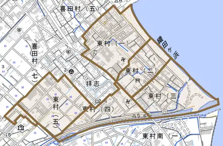 東村とその周辺の地図。町の範囲を重ねている