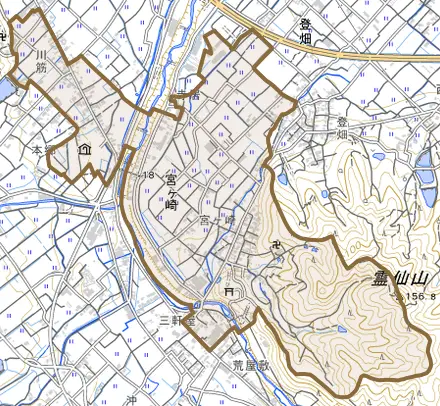 宮ヶ崎とその周辺の地図。町の範囲を重ねている