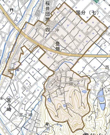 登畑とその周辺の地図。町の範囲を重ねている