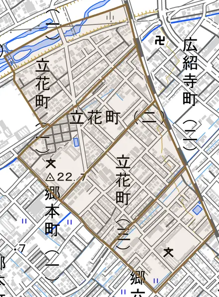 立花町とその周辺の地図。町の範囲を重ねている