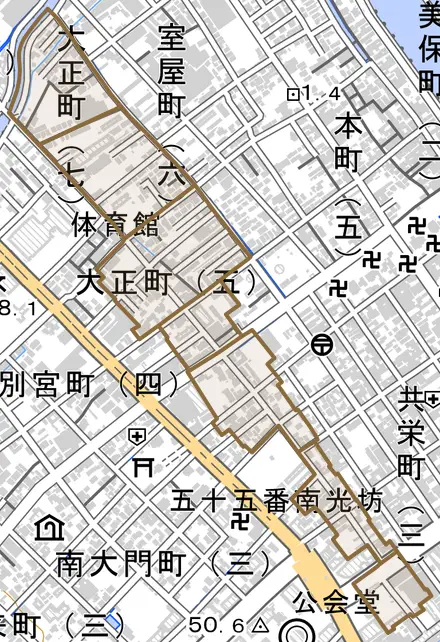 大正町とその周辺の地図。町の範囲を重ねている