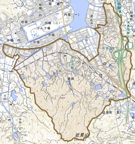 高部とその周辺の地図。町の範囲を重ねている