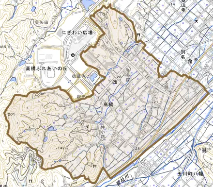 高橋とその周辺の地図。町の範囲を重ねている
