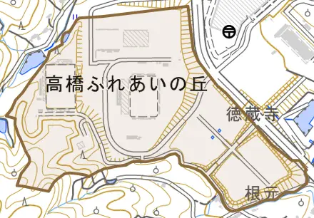高橋ふれあいの丘とその周辺の地図。町の範囲を重ねている