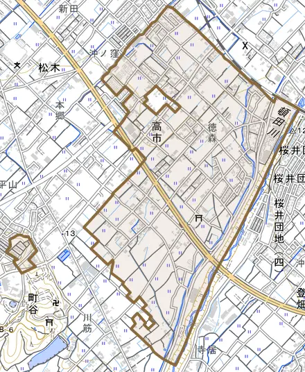 高市とその周辺の地図。町の範囲を重ねている