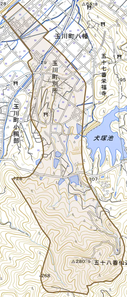 玉川町別所とその周辺の地図。町の範囲を重ねている