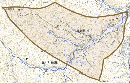 玉川町桂とその周辺の地図。町の範囲を重ねている