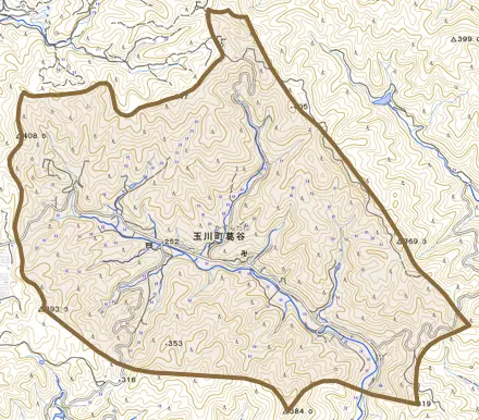 玉川町葛谷とその周辺の地図。町の範囲を重ねている
