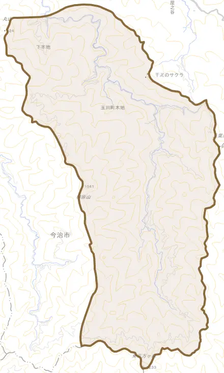 玉川町木地とその周辺の地図。町の範囲を重ねている