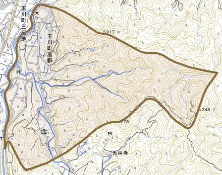 玉川町高野とその周辺の地図。町の範囲を重ねている