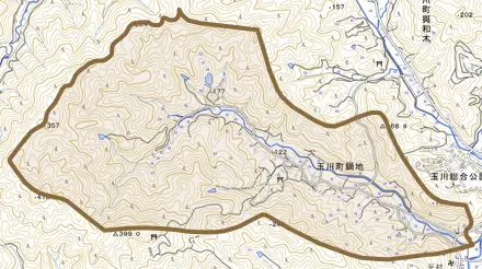 玉川町鍋地とその周辺の地図。町の範囲を重ねている