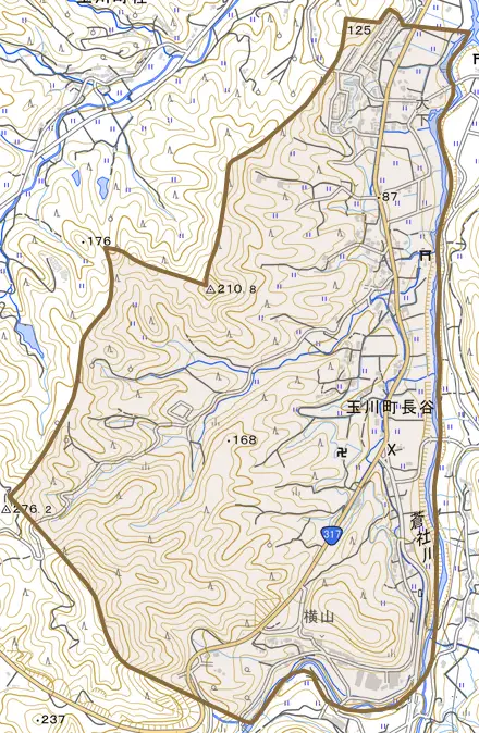 玉川町長谷とその周辺の地図。町の範囲を重ねている