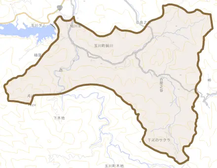 玉川町鈍川とその周辺の地図。町の範囲を重ねている