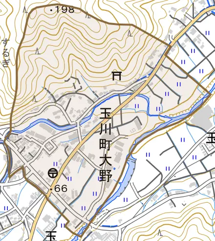 玉川町大野とその周辺の地図。町の範囲を重ねている