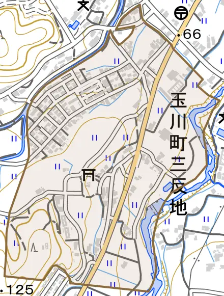 玉川町三反地とその周辺の地図。町の範囲を重ねている