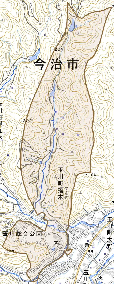 玉川町摺木とその周辺の地図。町の範囲を重ねている