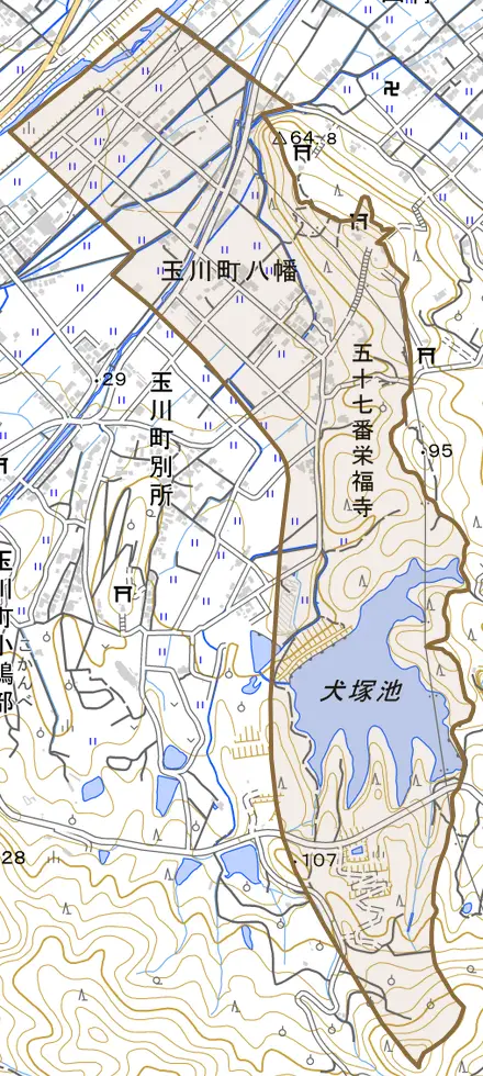 玉川町八幡とその周辺の地図。町の範囲を重ねている