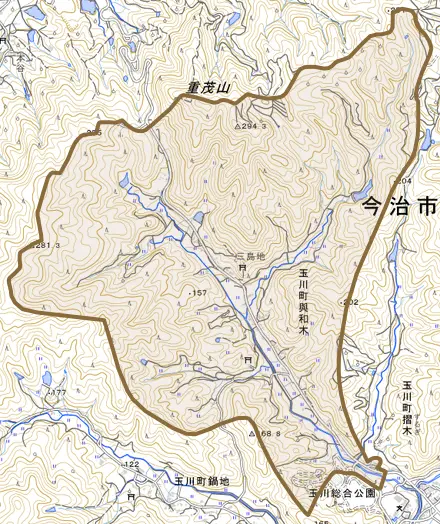 玉川町與和木とその周辺の地図。町の範囲を重ねている