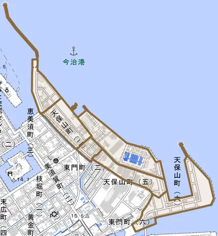 天保山町とその周辺の地図。町の範囲を重ねている