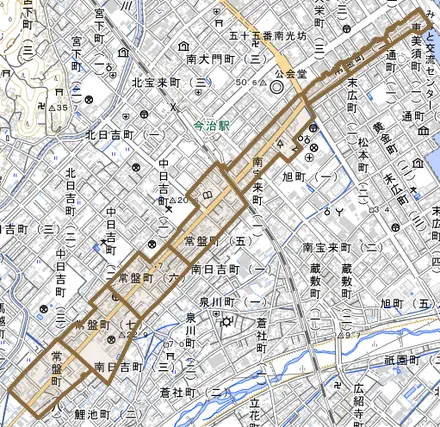 常盤町とその周辺の地図。町の範囲を重ねている