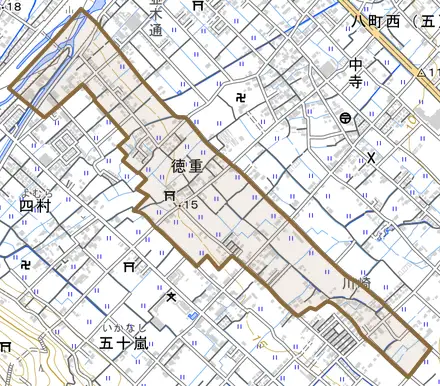 徳重とその周辺の地図。町の範囲を重ねている